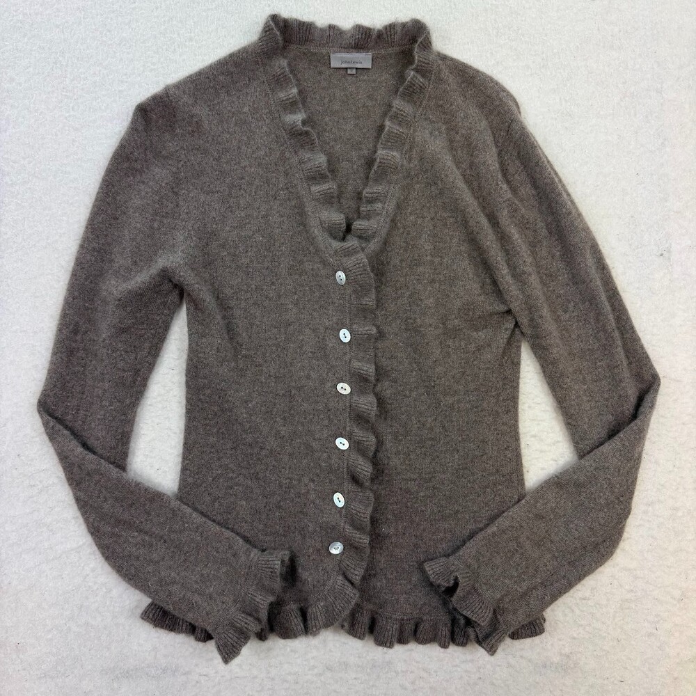 John Lewis Ruffle Cashmere Brown Capsule Clean Girl Lagenlook Cardigan Size 12